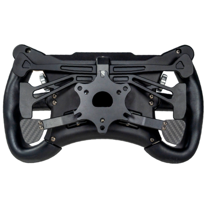 Black steering wheel mechanism on a white background