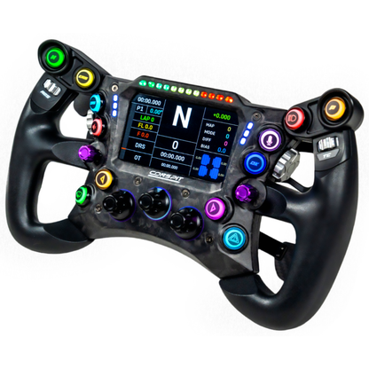 Racing steering wheel with digital display and colorful buttons on a white background