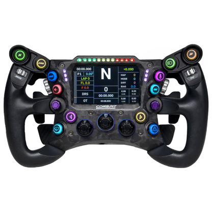 F1-style racing steering wheel with digital display on a white background