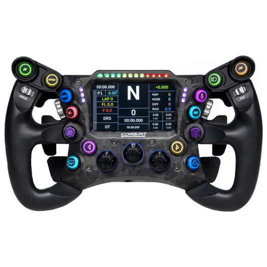 F1-style racing steering wheel with digital display on a white background