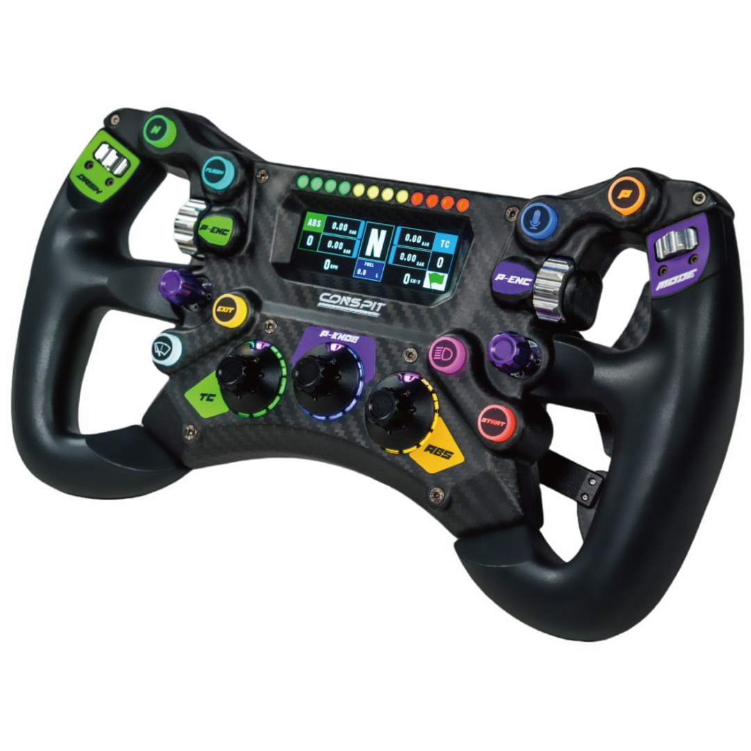 Racing steering wheel with digital display and colorful buttons on a white background