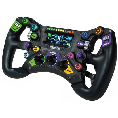 Racing steering wheel with digital display and colorful buttons on a white background
