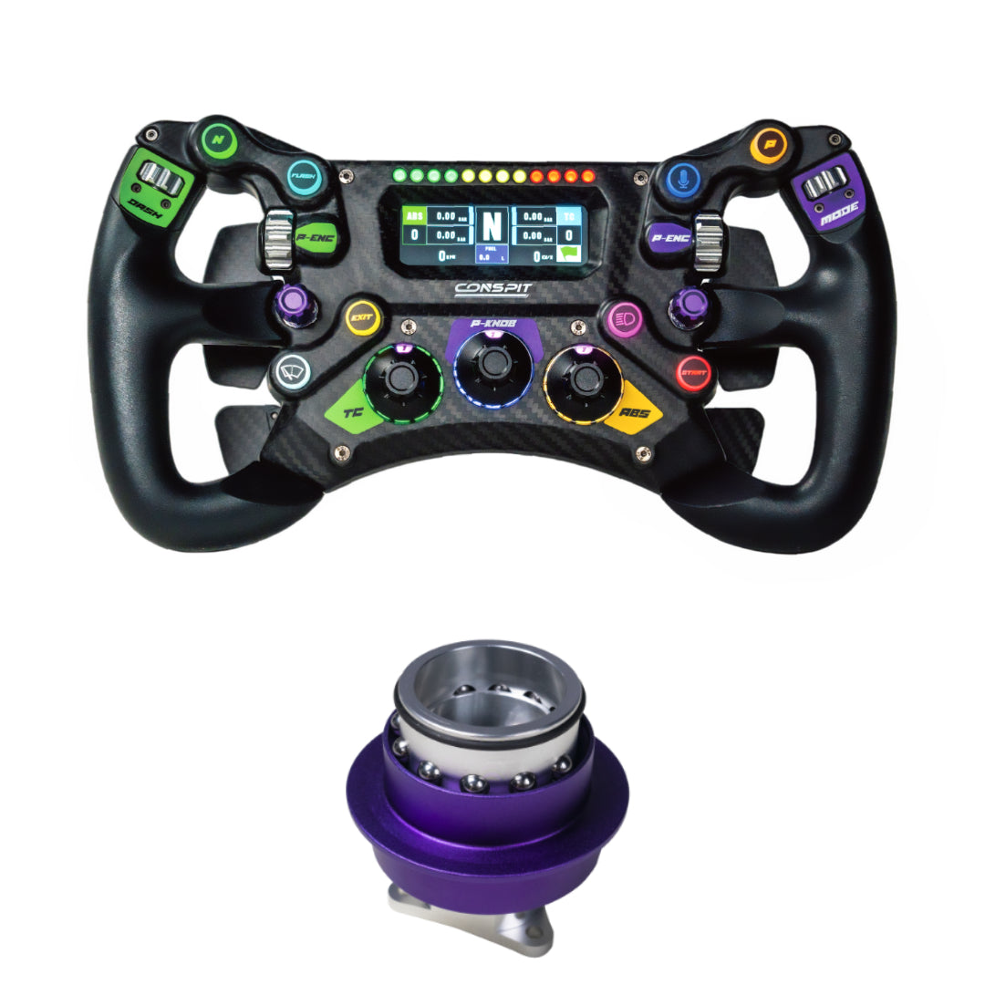 F1-style racing steering wheel with colorful buttons and a smaller purple component on a white background