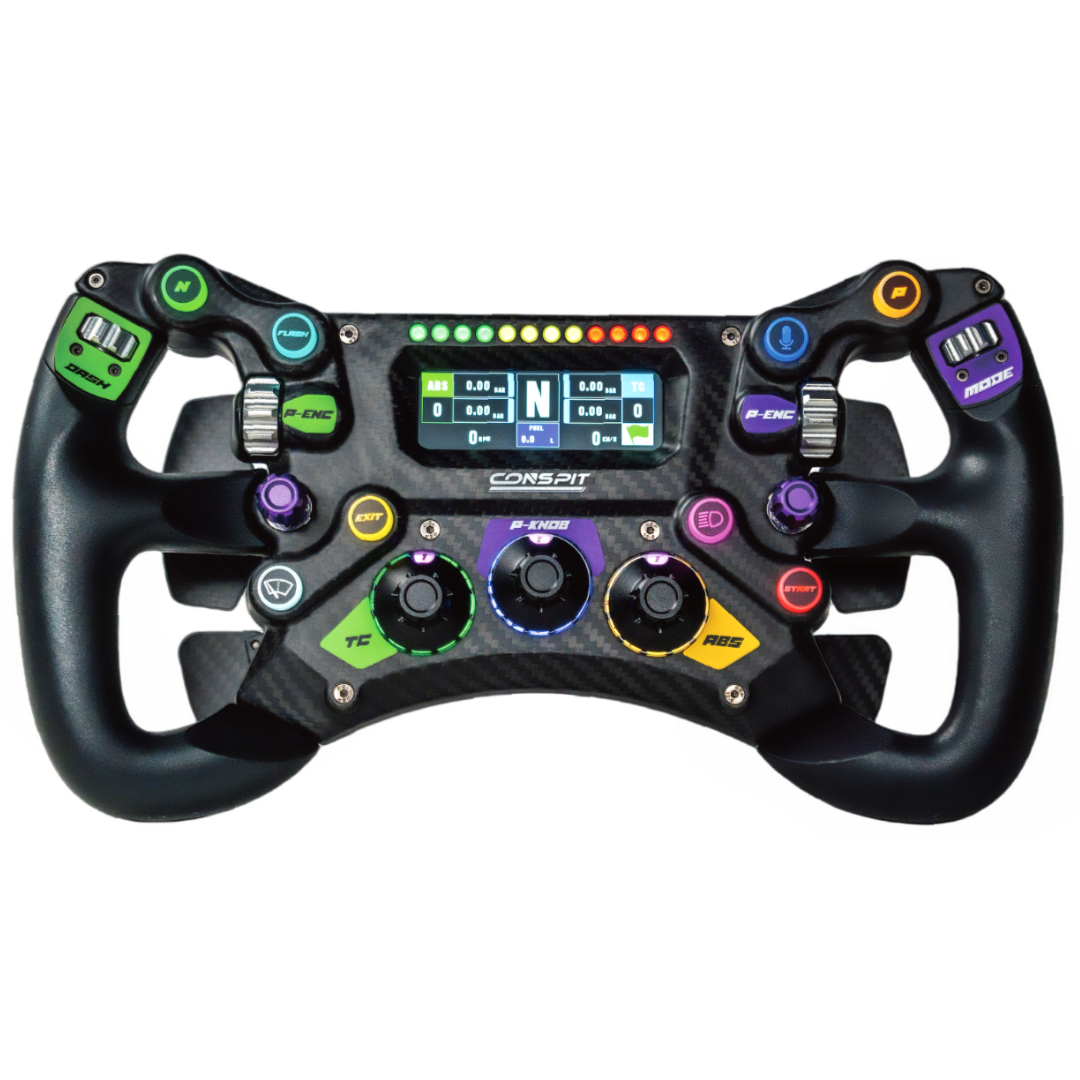 F1-style racing steering wheel with digital display and colorful buttons on a white background