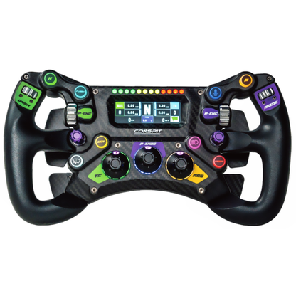 F1-style racing steering wheel with digital display and colorful buttons on a white background