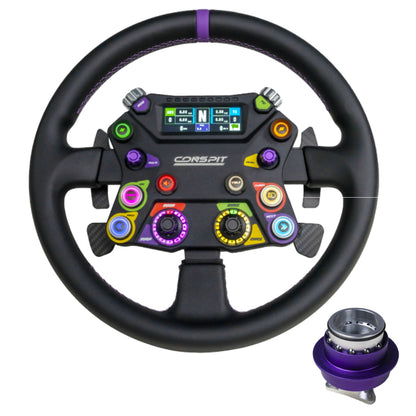 Steering wheel with colorful buttons and a display, featuring the Corspit brand, on a white background.