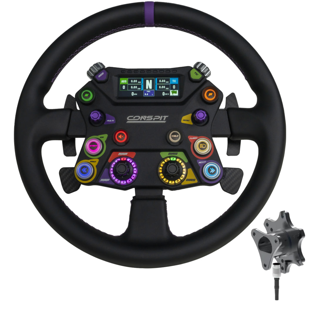 Black steering wheel with colorful buttons and a display, featuring the Corspit brand, on a white background.