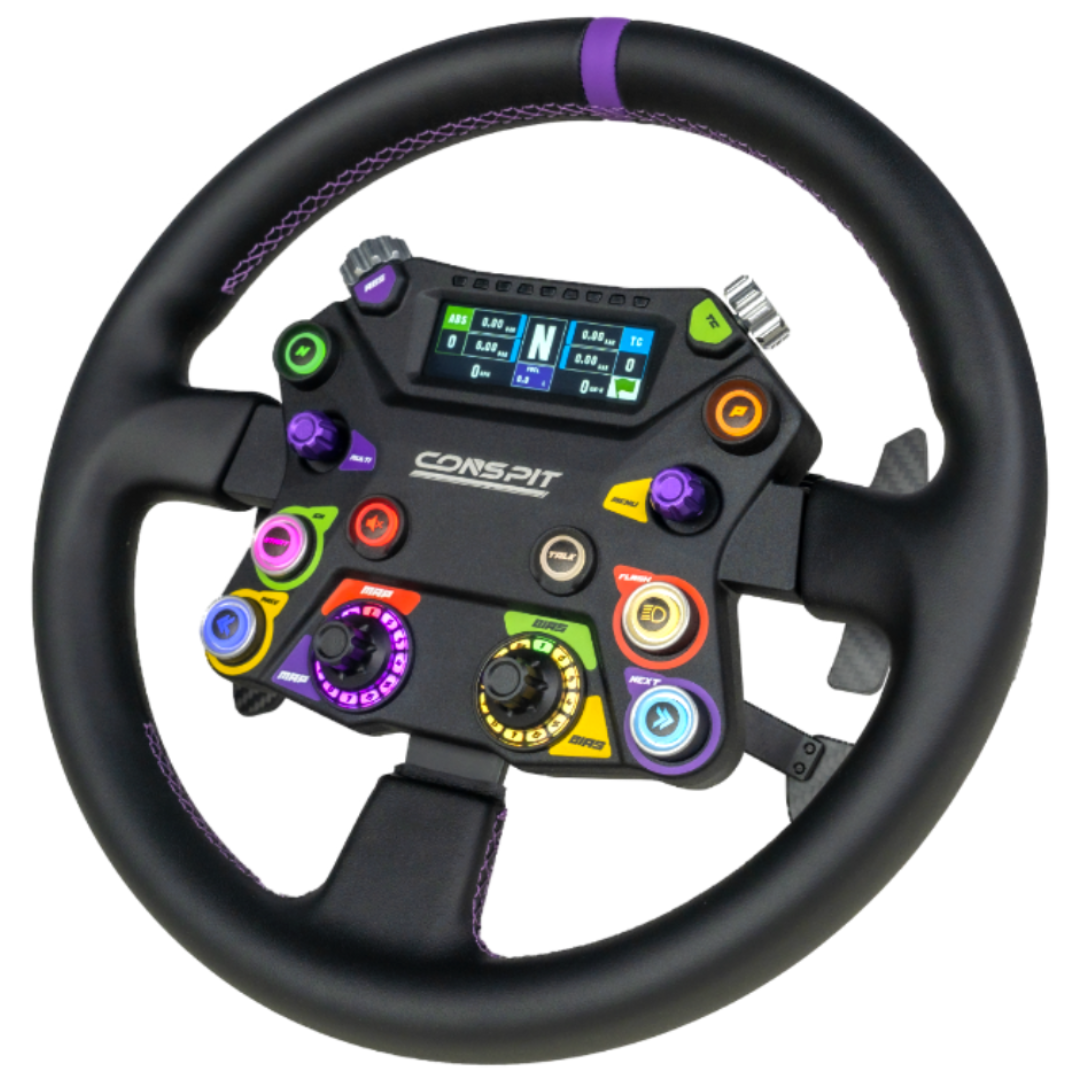Black steering wheel with colorful buttons and a digital display on a white background