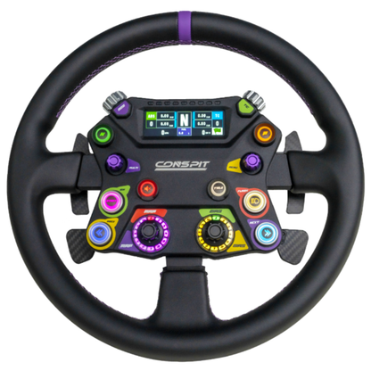 Black steering wheel with colorful controls and a display on a white background