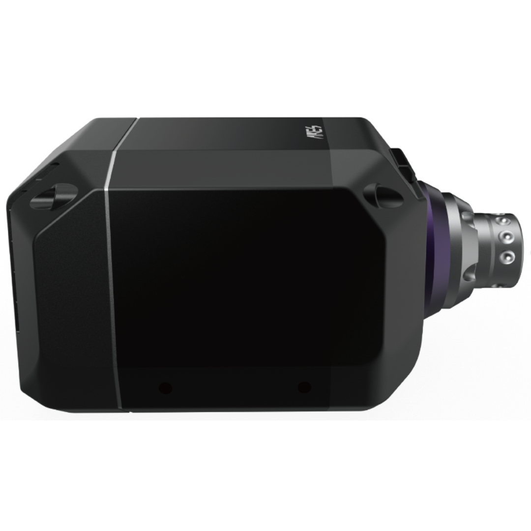 Black electronic device with a purple component on a white background