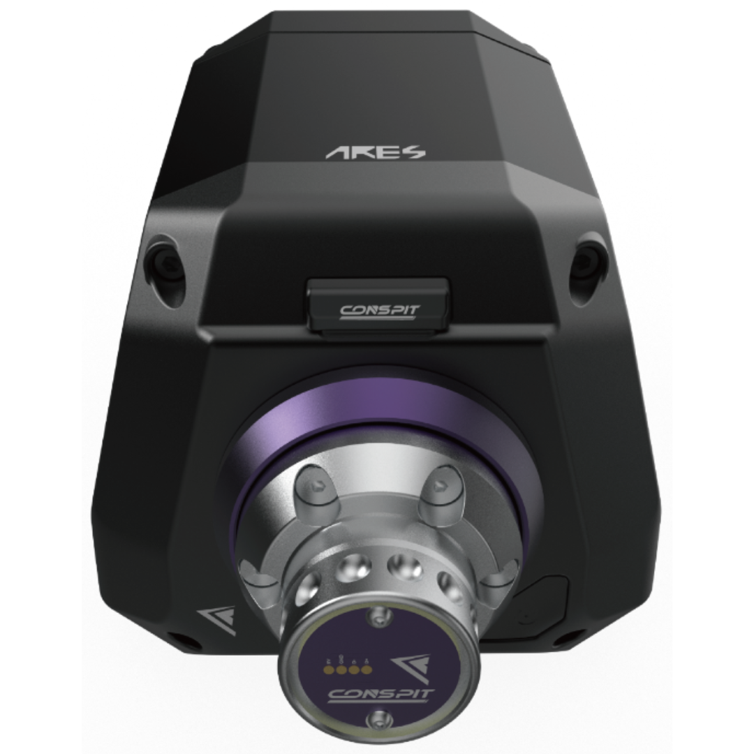Black and purple mechanical component with 'Ares' branding on a white background