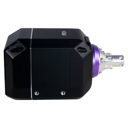 Black electronic device with purple and silver accents on a white background