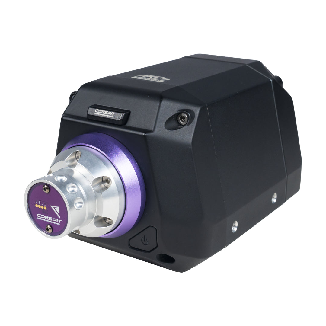 Black and purple mechanical component on a white background