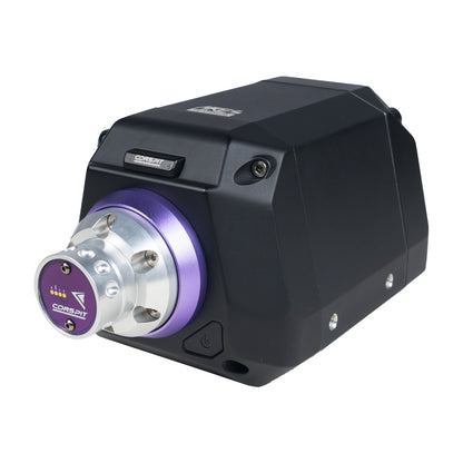 Black and purple mechanical component on a white background