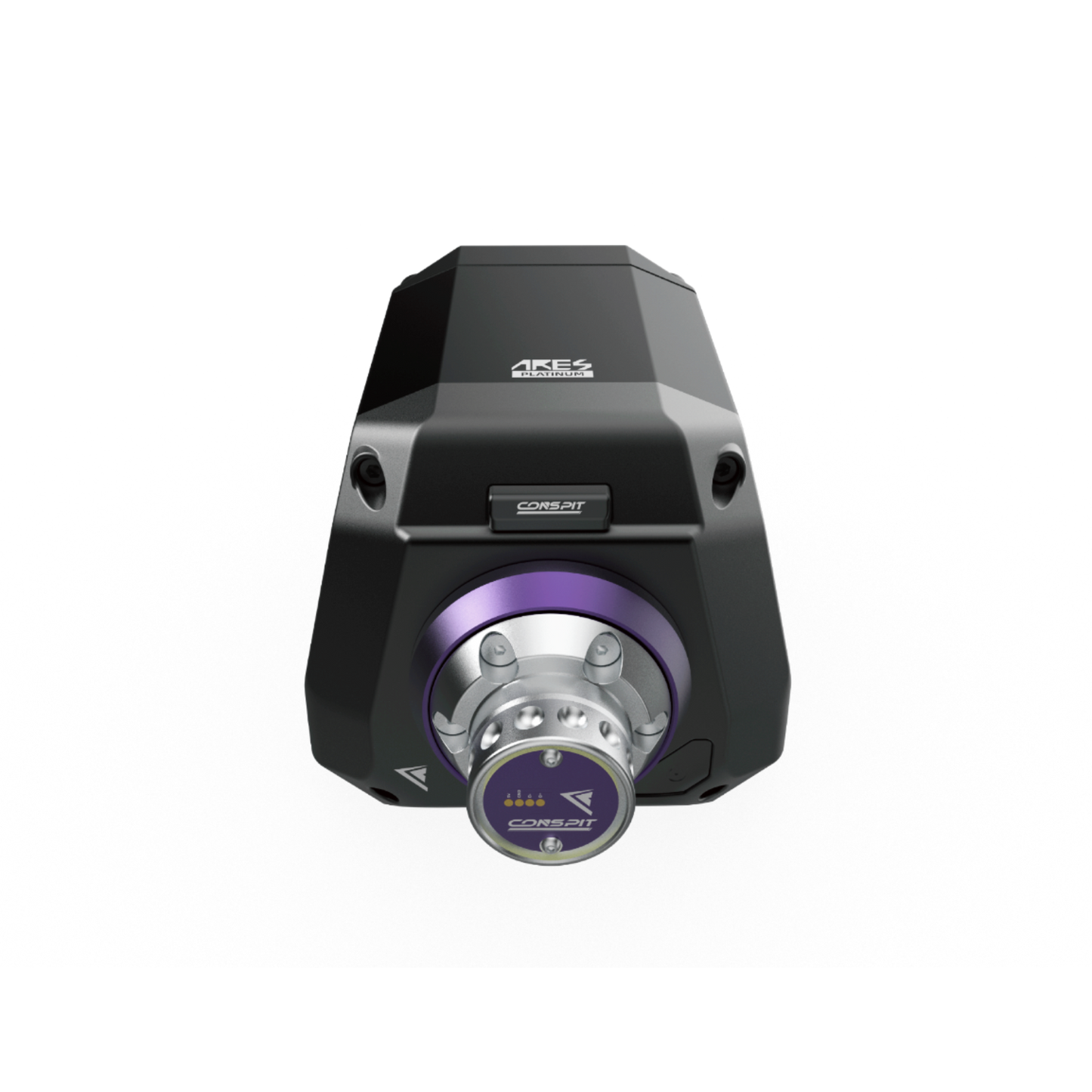 Black and purple mechanical component on a white background