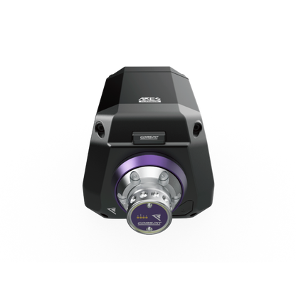 Black and purple mechanical component on a white background