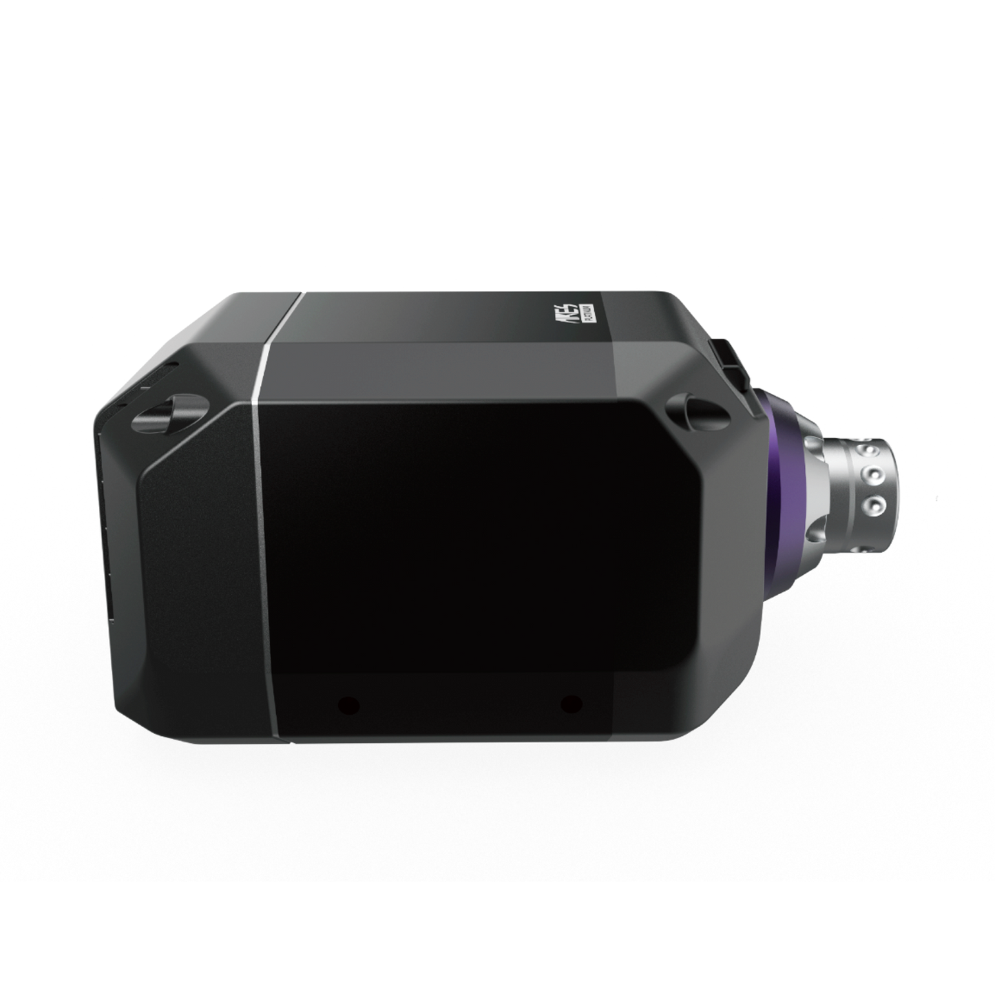 Black electronic device with a purple component on a white background