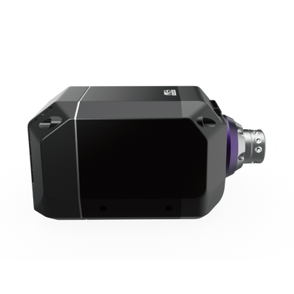 Black electronic device with a purple component on a white background