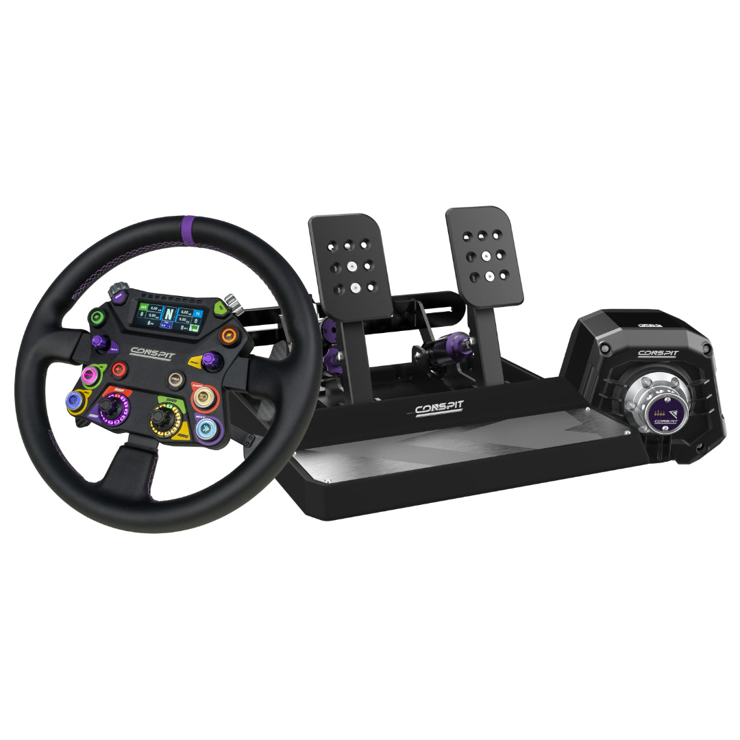 Racing simulator steering wheel and pedals set on a white background