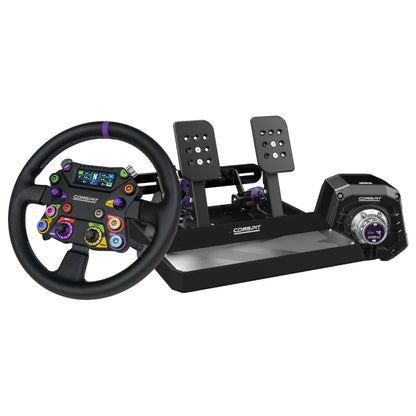 Racing simulator steering wheel and pedals set on a white background