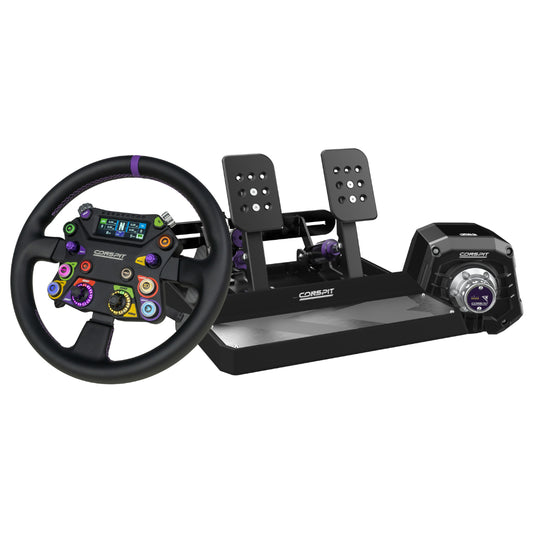 Racing simulator steering wheel and pedals set on a white background