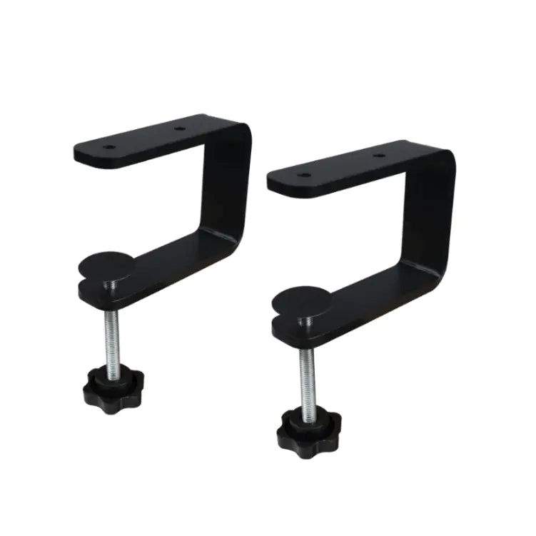 Two black metal brackets with screws on a white background