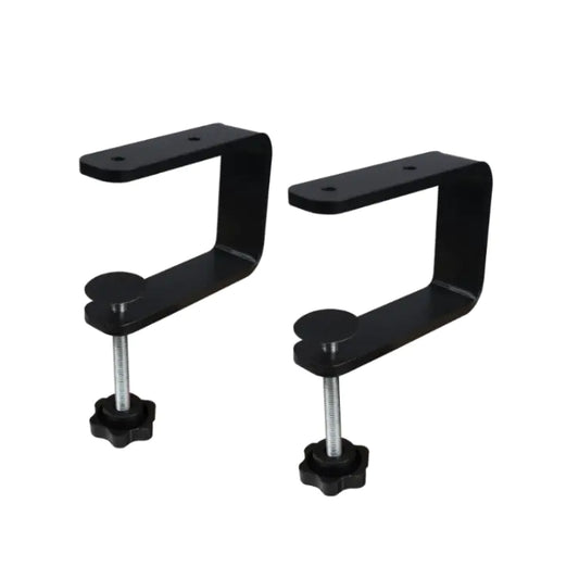 Two black metal brackets with screws on a white background