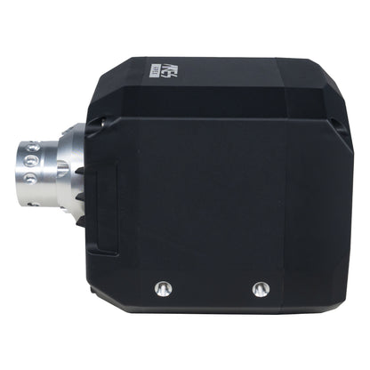Black industrial sensor with metallic connector on a white background