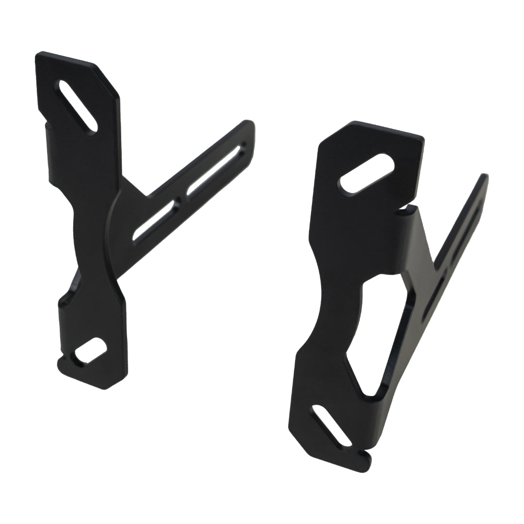 Two black metal brackets on a white background