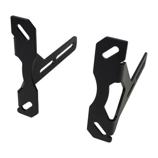 Two black metal brackets on a white background