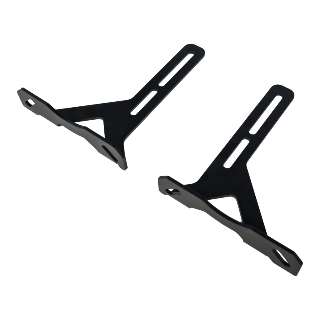 Two black metal brackets on a white background