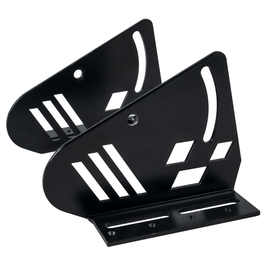Two black metal brackets with white geometric patterns on a white background