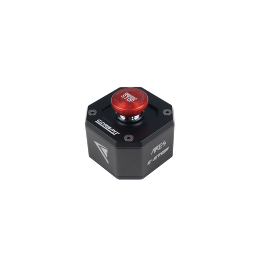 Black mechanical component with a red button on a white background