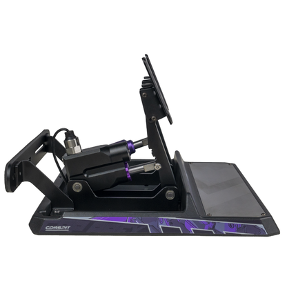 Gaming desk setup with monitor stand and Corsair logo on a white background