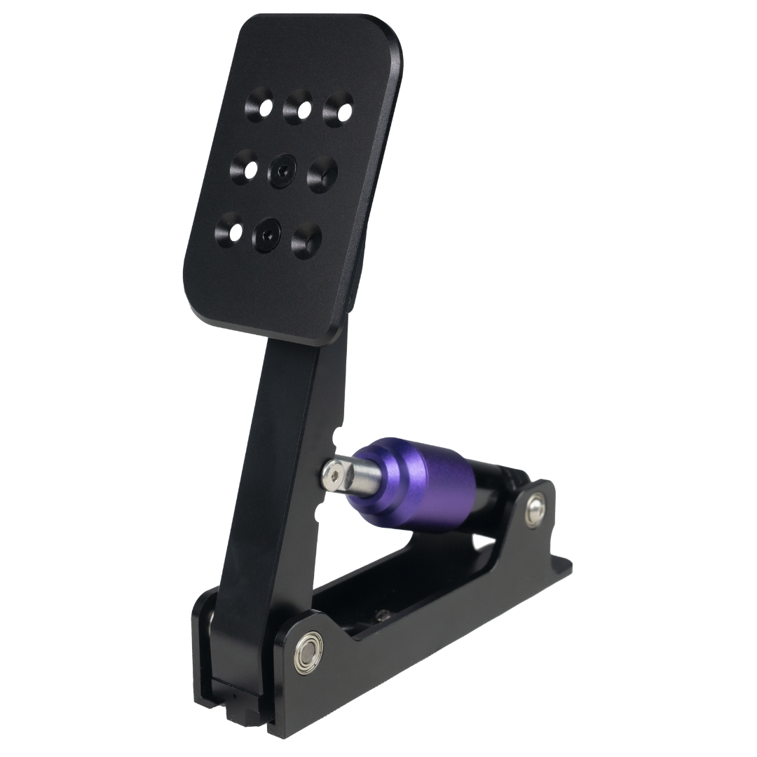 Black metal pedal with purple actuator on a white background