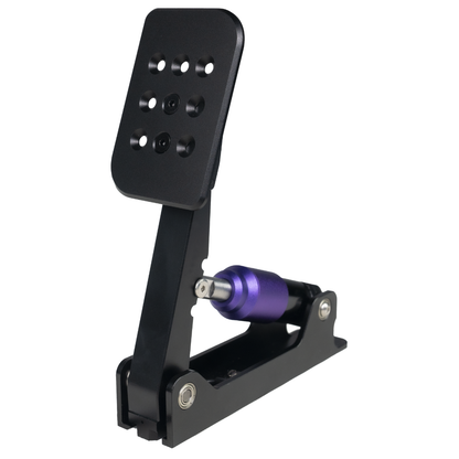 Black metal pedal with purple actuator on a white background