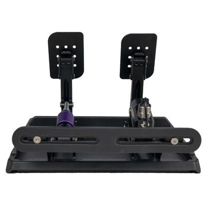 Black steering wheel and pedal set on a white background