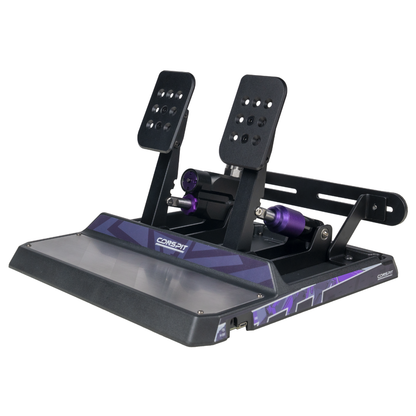 Car simulation steering wheel and pedals set on a white background