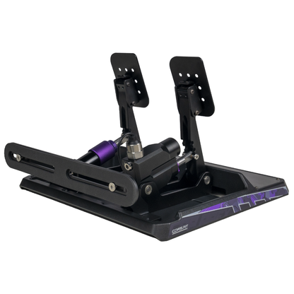 Black and purple gaming pedal set on a white background