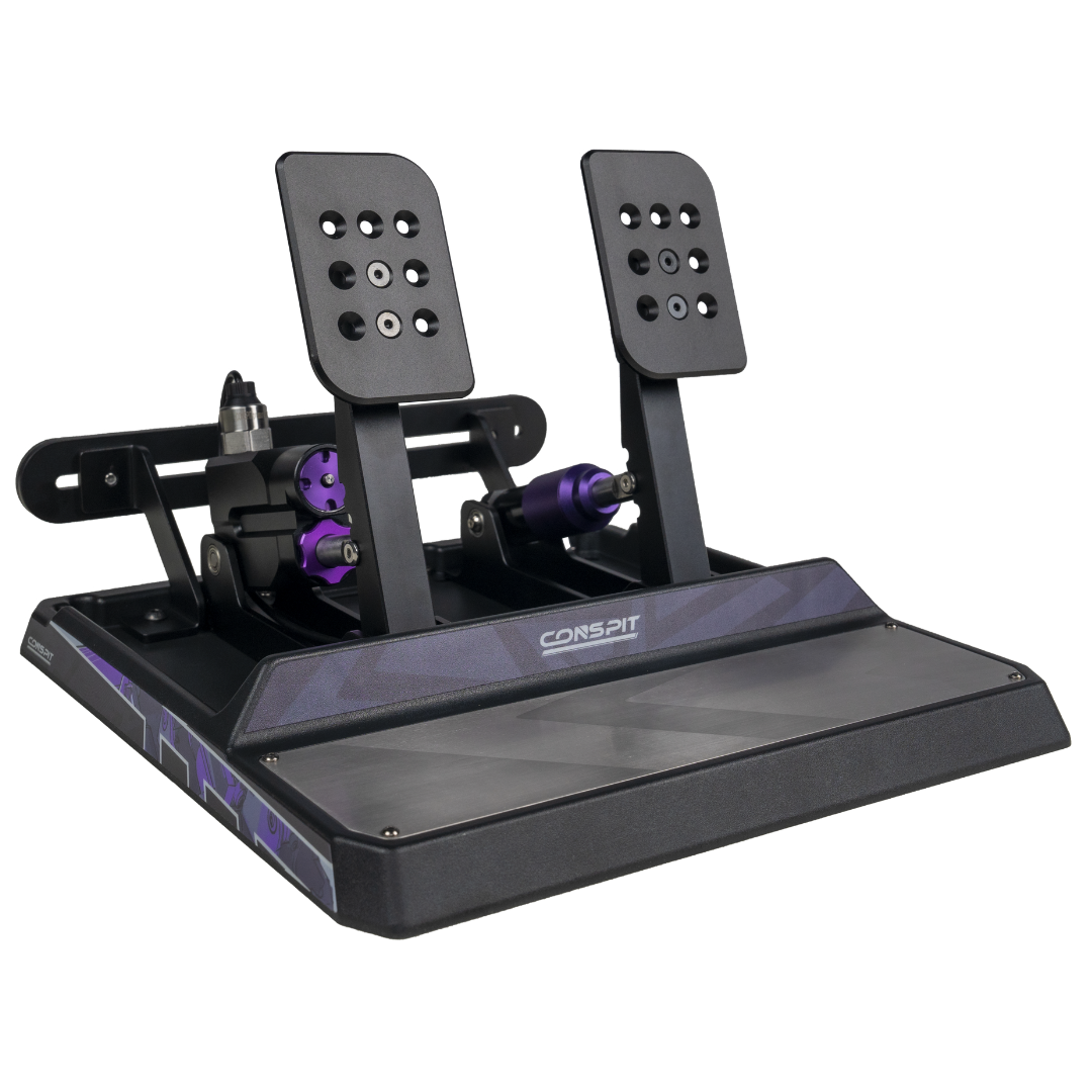 Simulator steering wheel and pedals set on a white background
