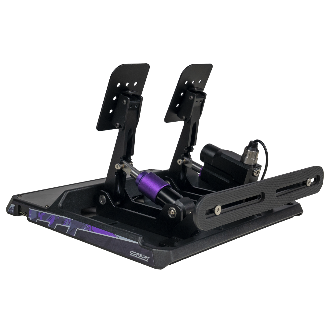 Black and purple gaming simulator steering wheel base on a white background