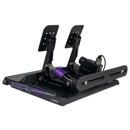 Black and purple gaming simulator steering wheel base on a white background