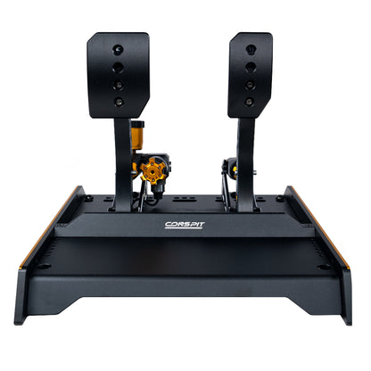 Black gaming simulator steering wheel and pedals with a white background