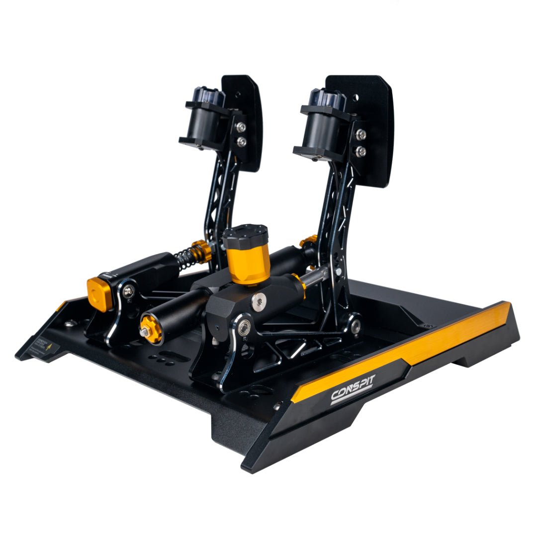 Black and orange gaming simulator device on a white background