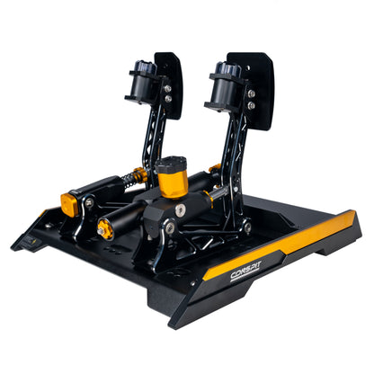 Black and orange gaming simulator device on a white background