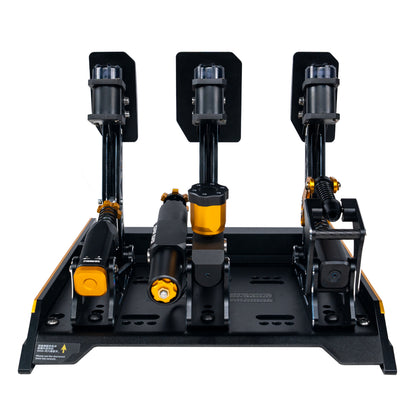 Mechanical gaming steering wheel base with three pedals on a white background