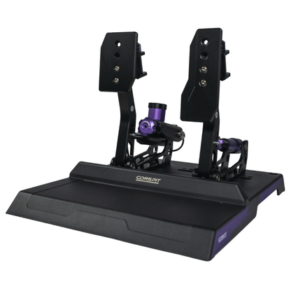 Black and purple gaming simulator with pedals on a white background