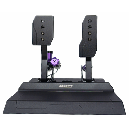 Black gaming simulator steering wheel base with two pedals on a white background