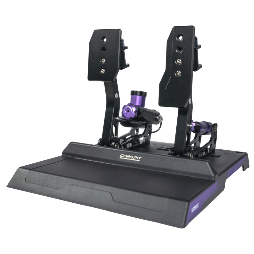 Black and purple gaming simulator console on a white background