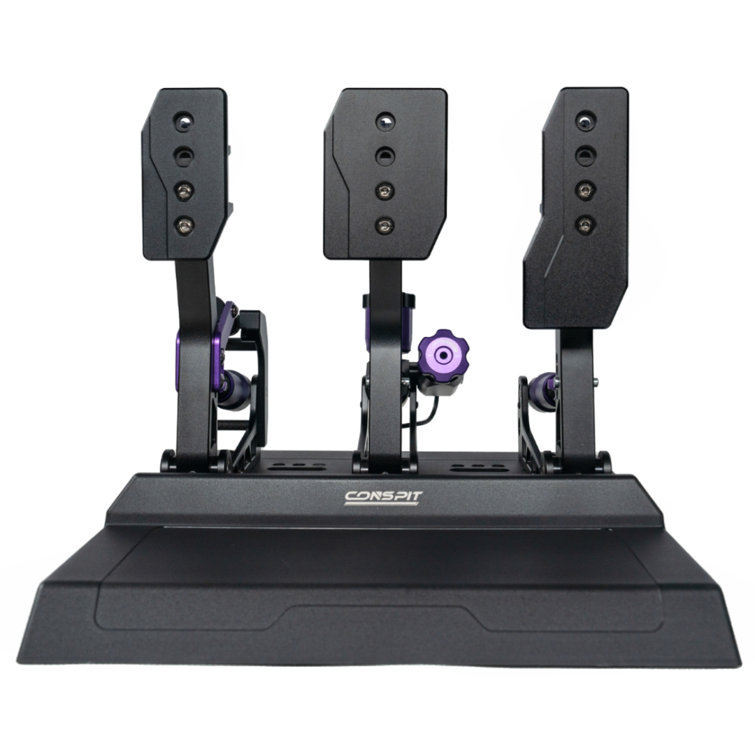 Black gaming simulator pedals with a platform on a white background